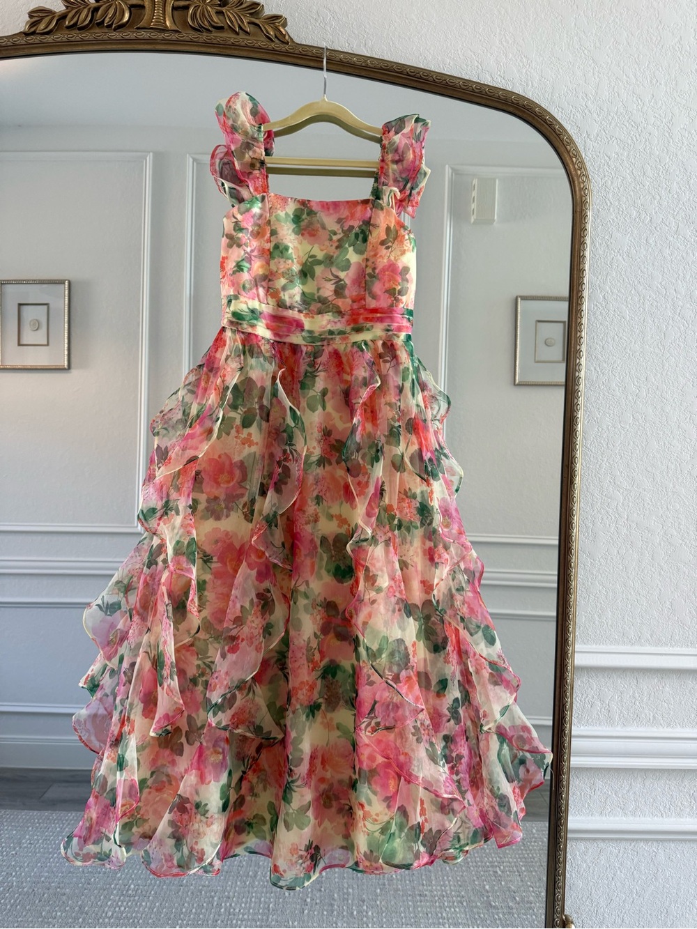 GB Like New Girls Floral Pink Green Ruffled Party Maxi Dress Size 12